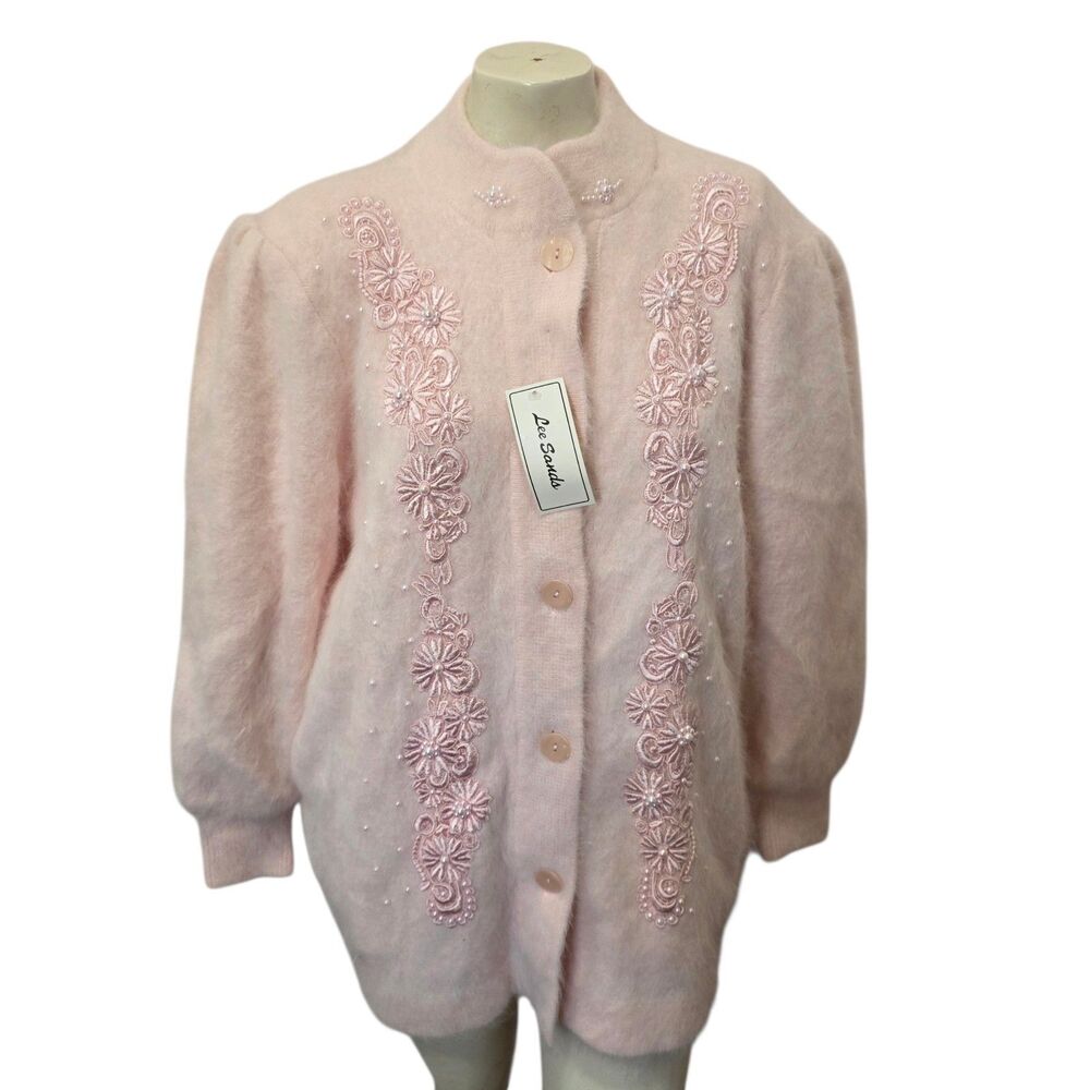 Lee Sands Pink Angora Cardigan‎ Pearl Beaded Floral Embroidered Sweater